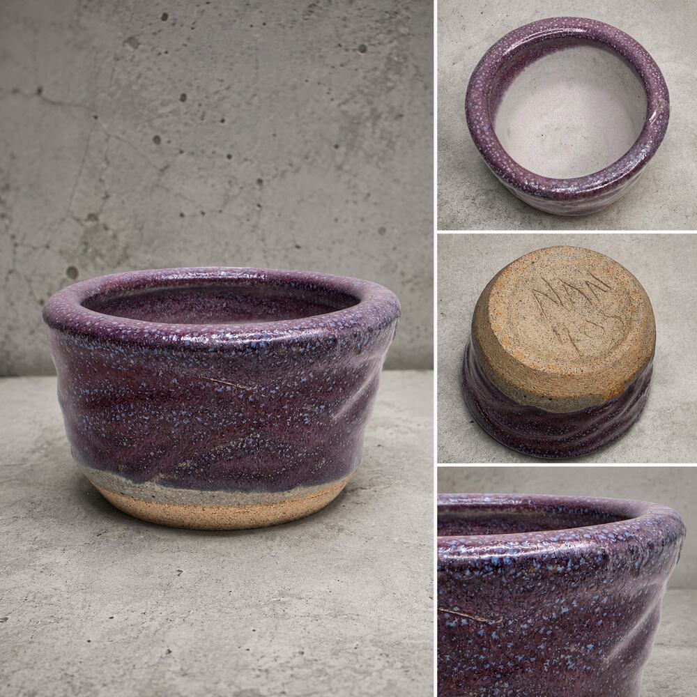 Signed NAN Handmade Studio Pottery Bowl Planter Purple Speckled Glaze